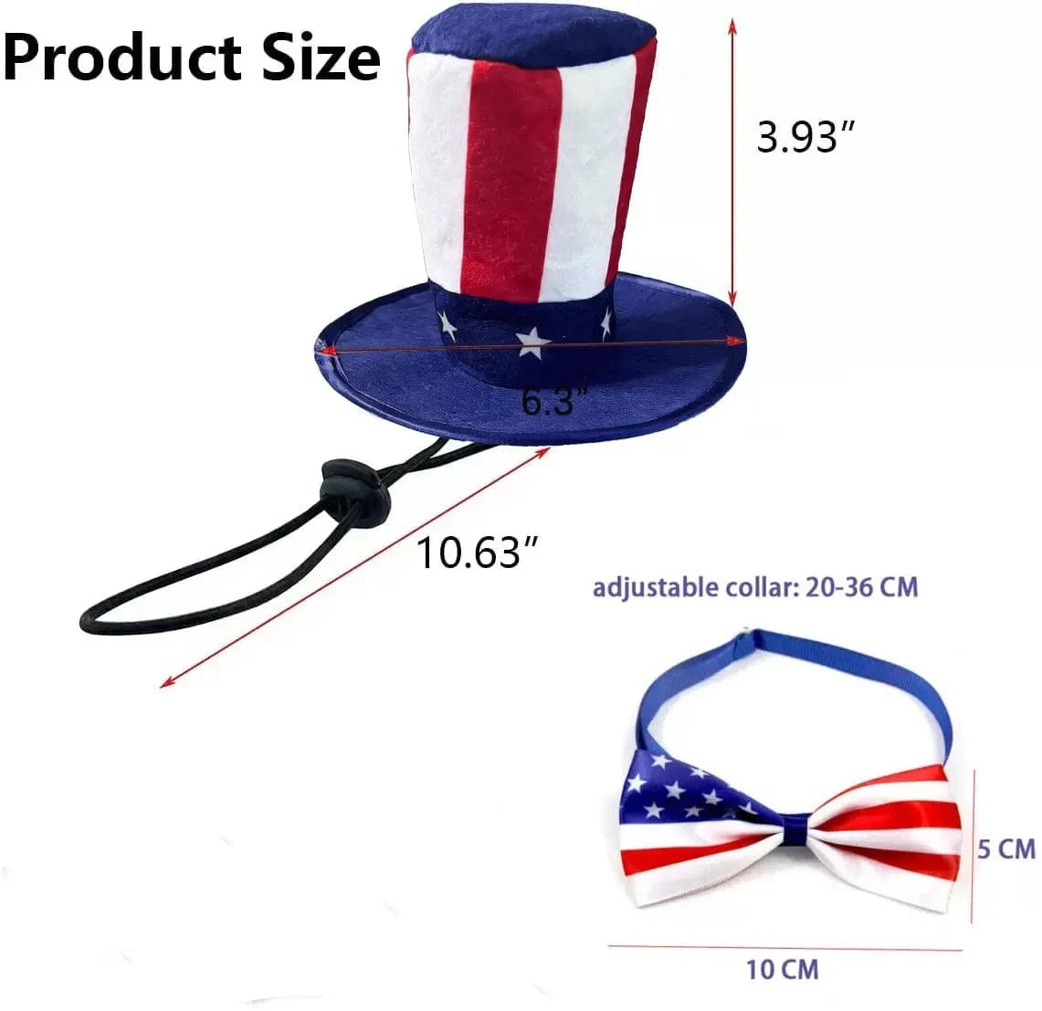 Product size panel giving the height and brim width of the top hat, the length of its elastic chin cord, and the width and height of the bow tie with its adjustable collar range.