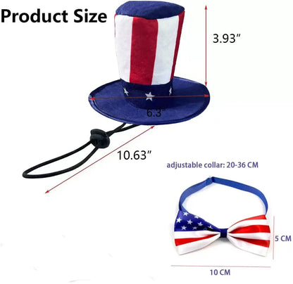 Product size panel giving the height and brim width of the top hat, the length of its elastic chin cord, and the width and height of the bow tie with its adjustable collar range.