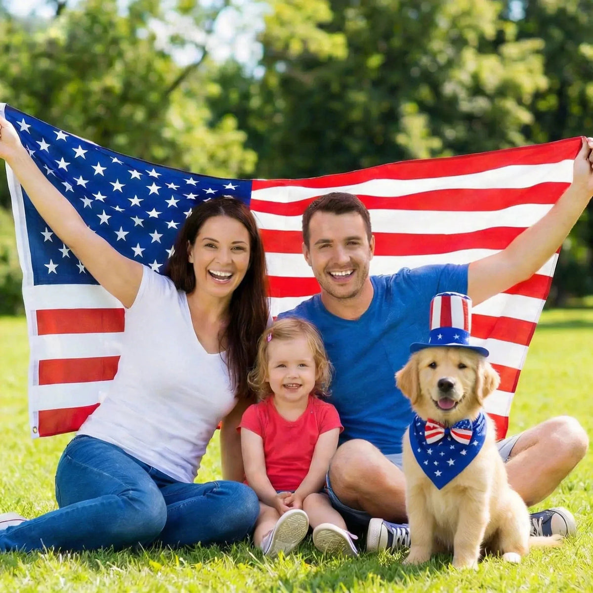 Family holding an American flag on the grass with a golden retriever puppy in a patriotic top hat beside them.