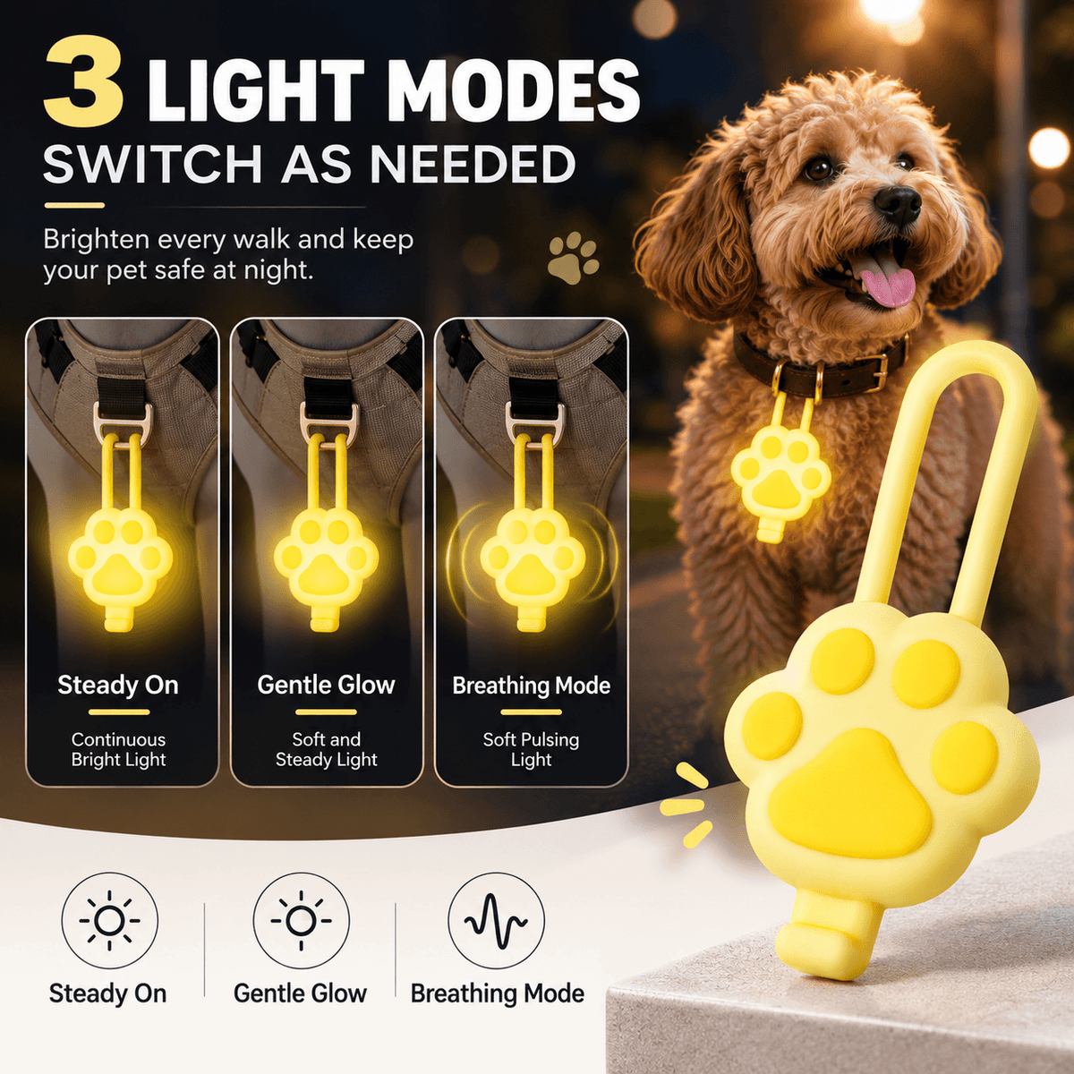 Three light modes of the yellow paw collar light: steady on, gentle glow and breathing mode.