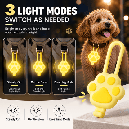 Three light modes of the yellow paw collar light: steady on, gentle glow and breathing mode.