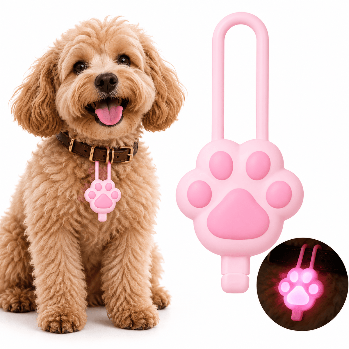 Pink rechargeable paw collar light shown large beside a curly poodle wearing it on a brown collar, with a glowing inset.