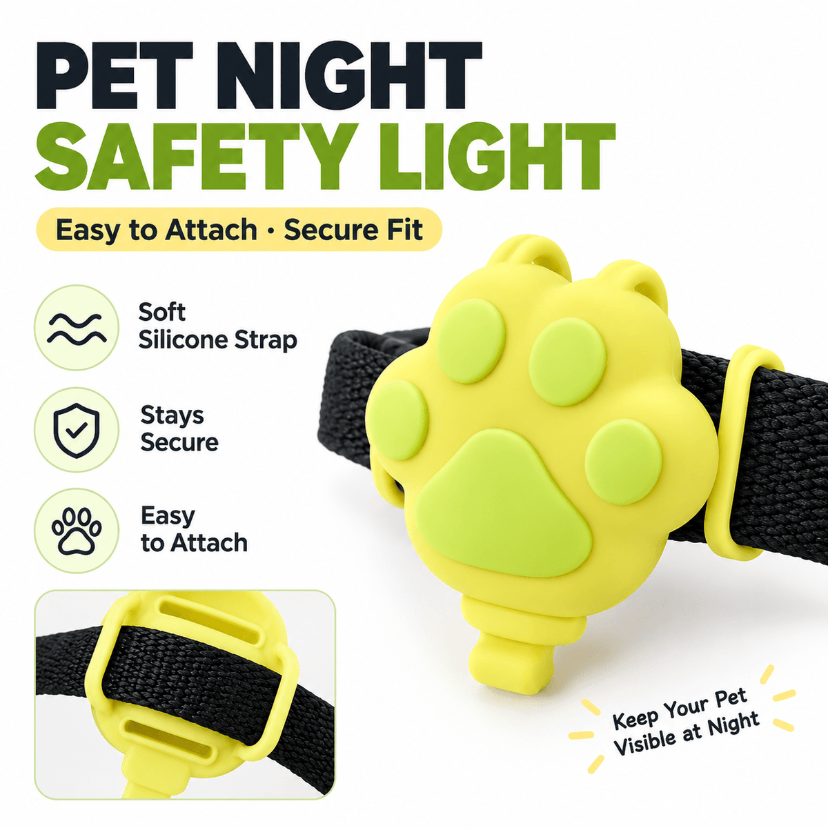 Paw collar light fitted to a black collar with its soft silicone strap for an easy, secure attachment.
