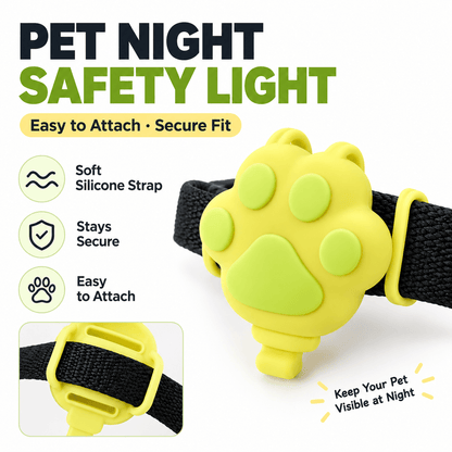 Paw collar light fitted to a black collar with its soft silicone strap for an easy, secure attachment.