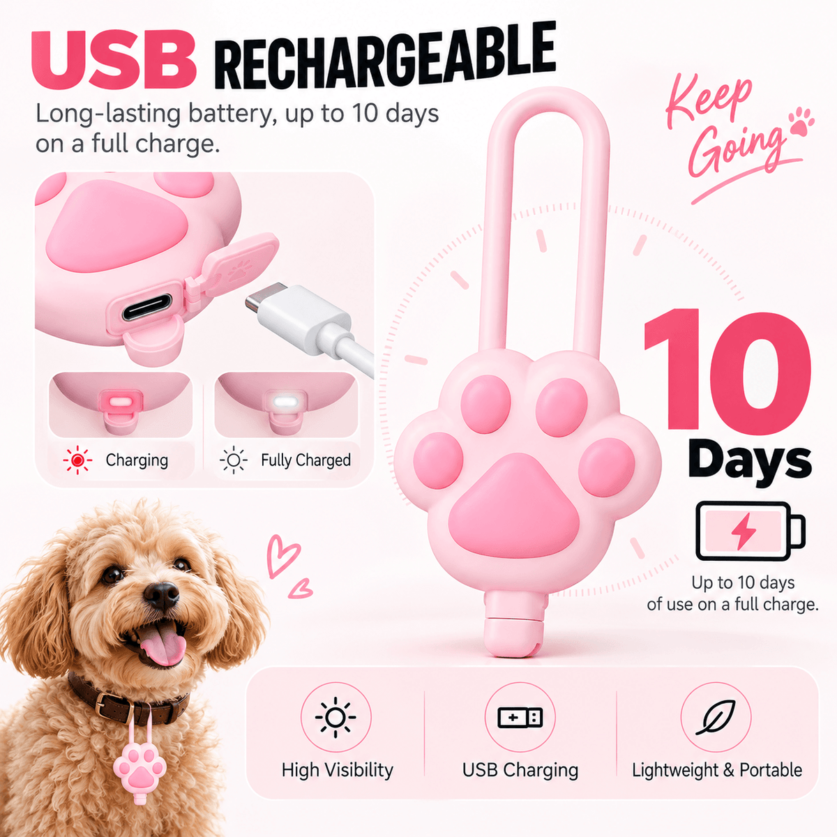 Pink paw collar light charging by USB, with up to 10 days of use on a full charge.