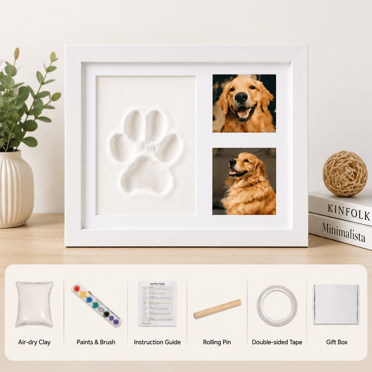 White paw print keepsake frame kit with a single white clay paw print and two dog photos, above the full kit contents.
