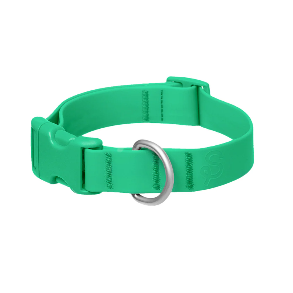 The green waterproof PolyFlex dog collar on its own, showing the brushed nickel D-ring and safe-release buckle