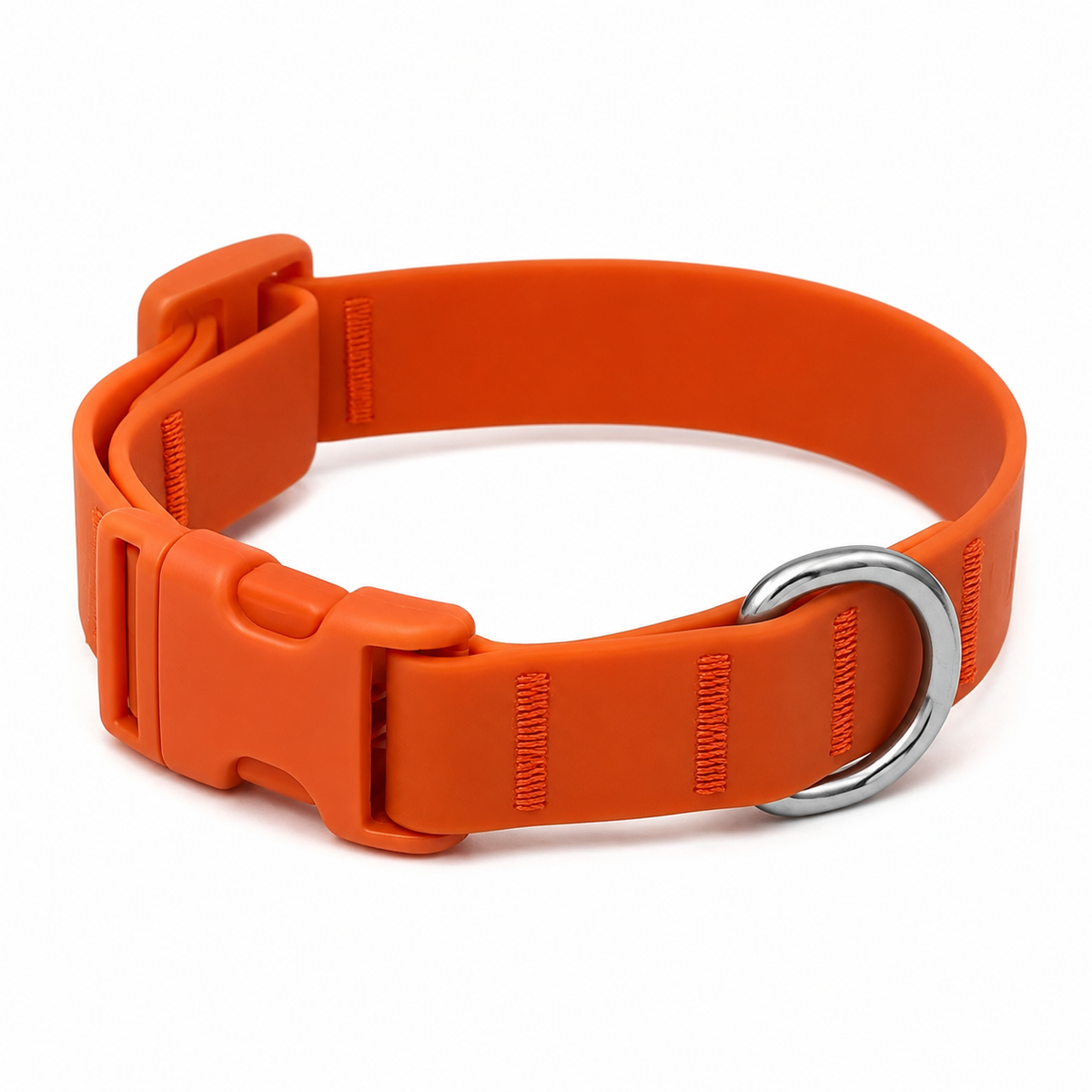 The orange waterproof PolyFlex dog collar on its own, showing the metal D-ring and buckle