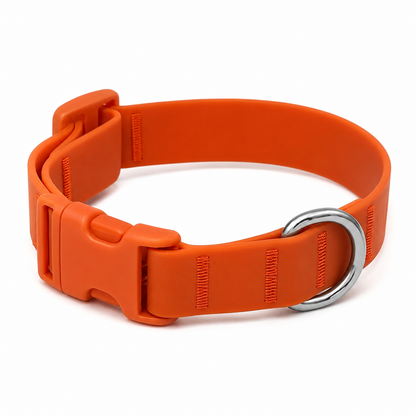 The orange waterproof PolyFlex dog collar on its own, showing the metal D-ring and buckle