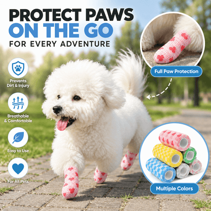 A small white dog walks outdoors with wrapped paws beside icons for breathability and easy use.