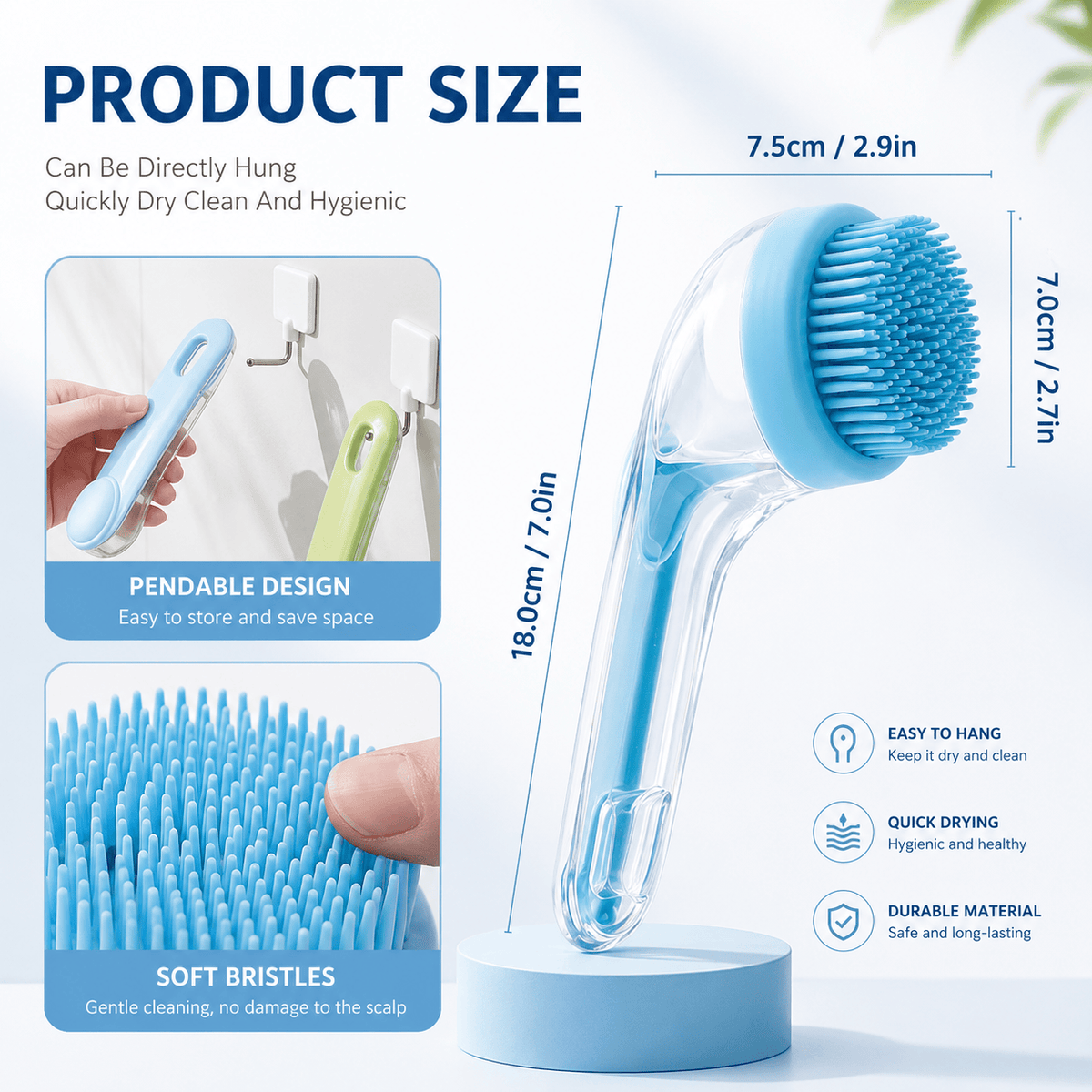 Dimensions of the Noblias pet bath brush: 18 cm long, 7.5 cm wide and 7 cm deep, with a hanging loop and soft silicone bristles.