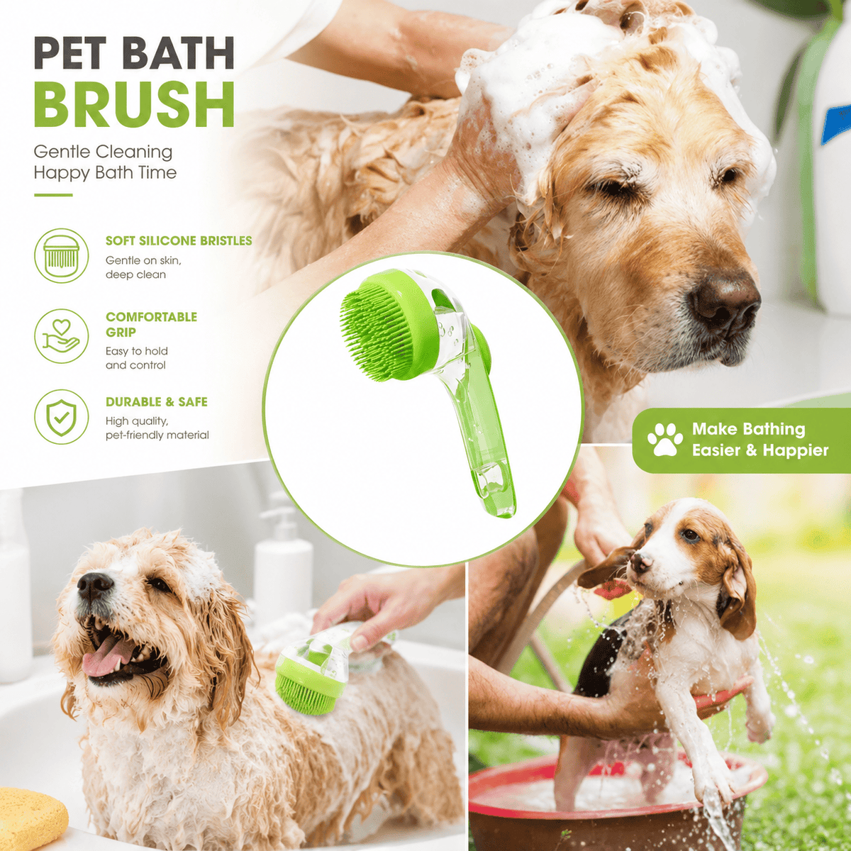 Dog covered in lather being washed with the Noblias pet bath brush and its soft silicone bristles.
