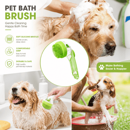 Dog covered in lather being washed with the Noblias pet bath brush and its soft silicone bristles.