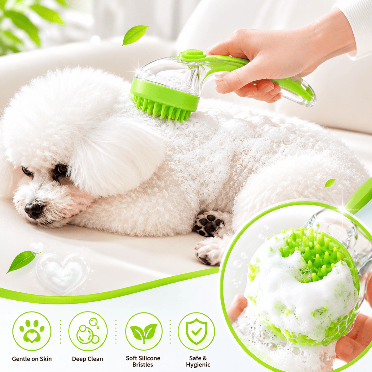 Green Noblias pet bath brush working shampoo into the coat of a bichon frise, with a close up of the lather in the silicone bristles.
