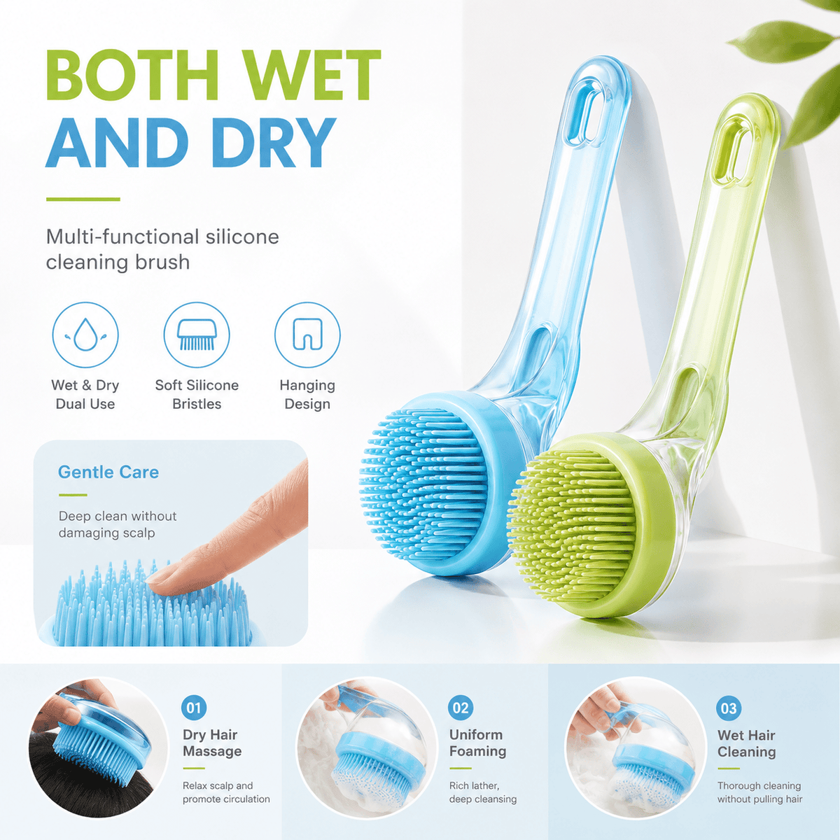 Blue and green Noblias pet bath brushes shown for both wet and dry use: dry hair massage, uniform foaming and wet hair cleaning.