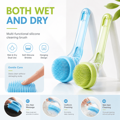 Blue and green Noblias pet bath brushes shown for both wet and dry use: dry hair massage, uniform foaming and wet hair cleaning.