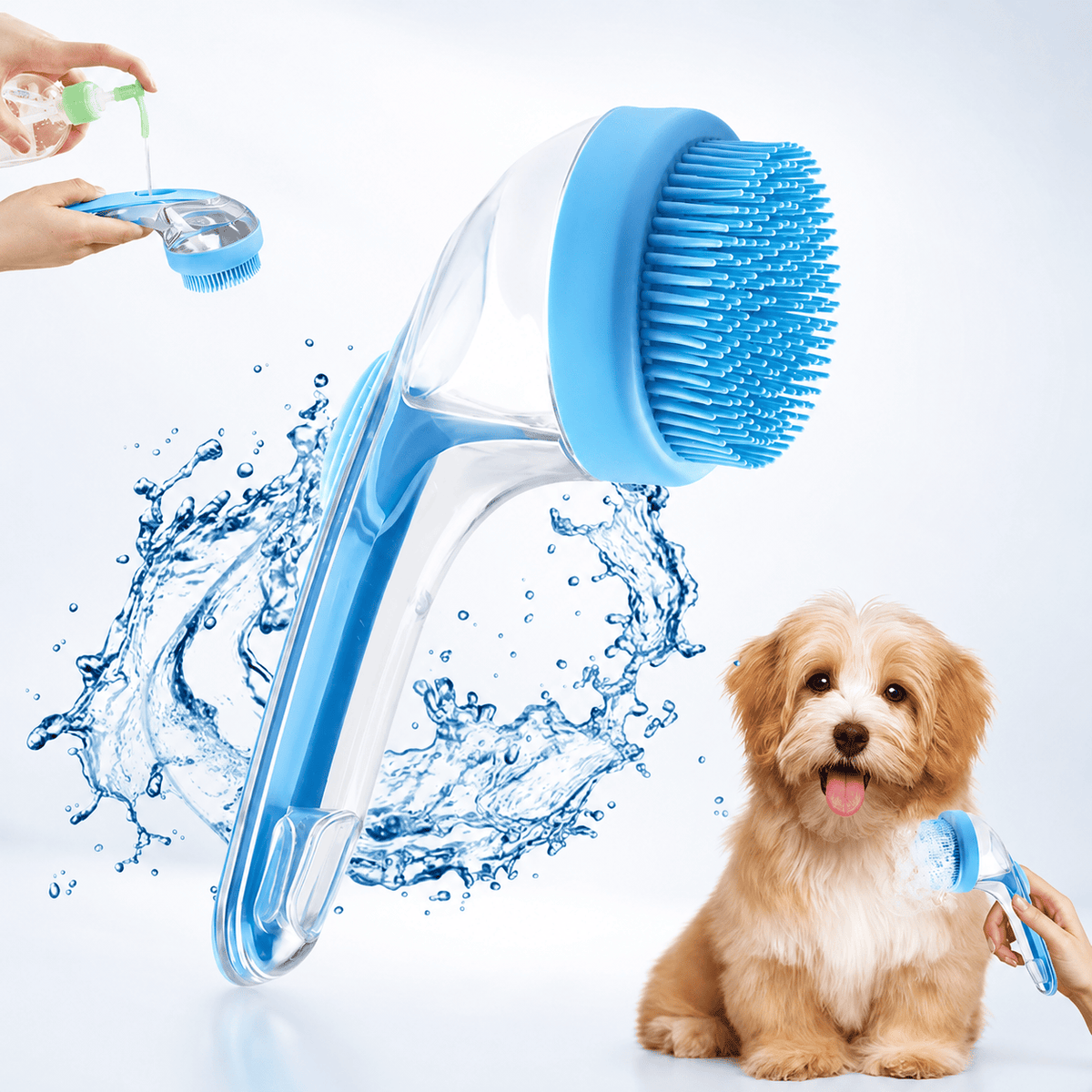Blue Noblias pet bath brush with a transparent shampoo dispenser handle and soft silicone bristles, shown with a puppy.