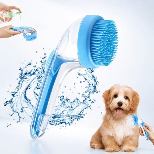 Blue Noblias pet bath brush with a transparent shampoo dispenser handle and soft silicone bristles, shown with a puppy.