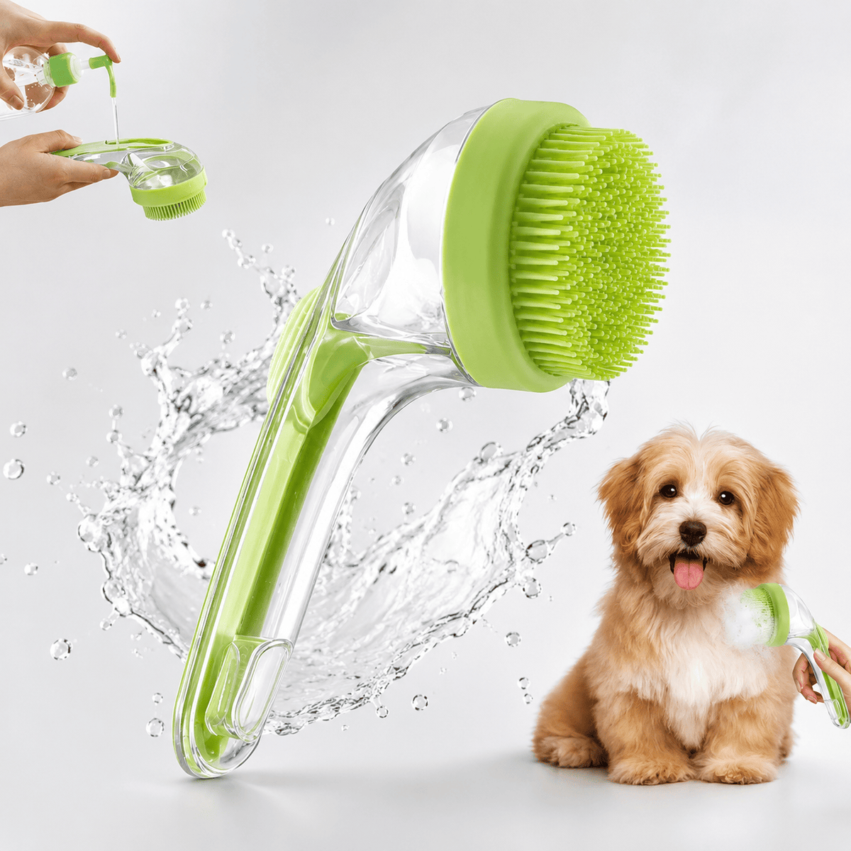 Green Noblias pet bath brush with a transparent shampoo dispenser handle and soft silicone bristles, shown with a puppy.