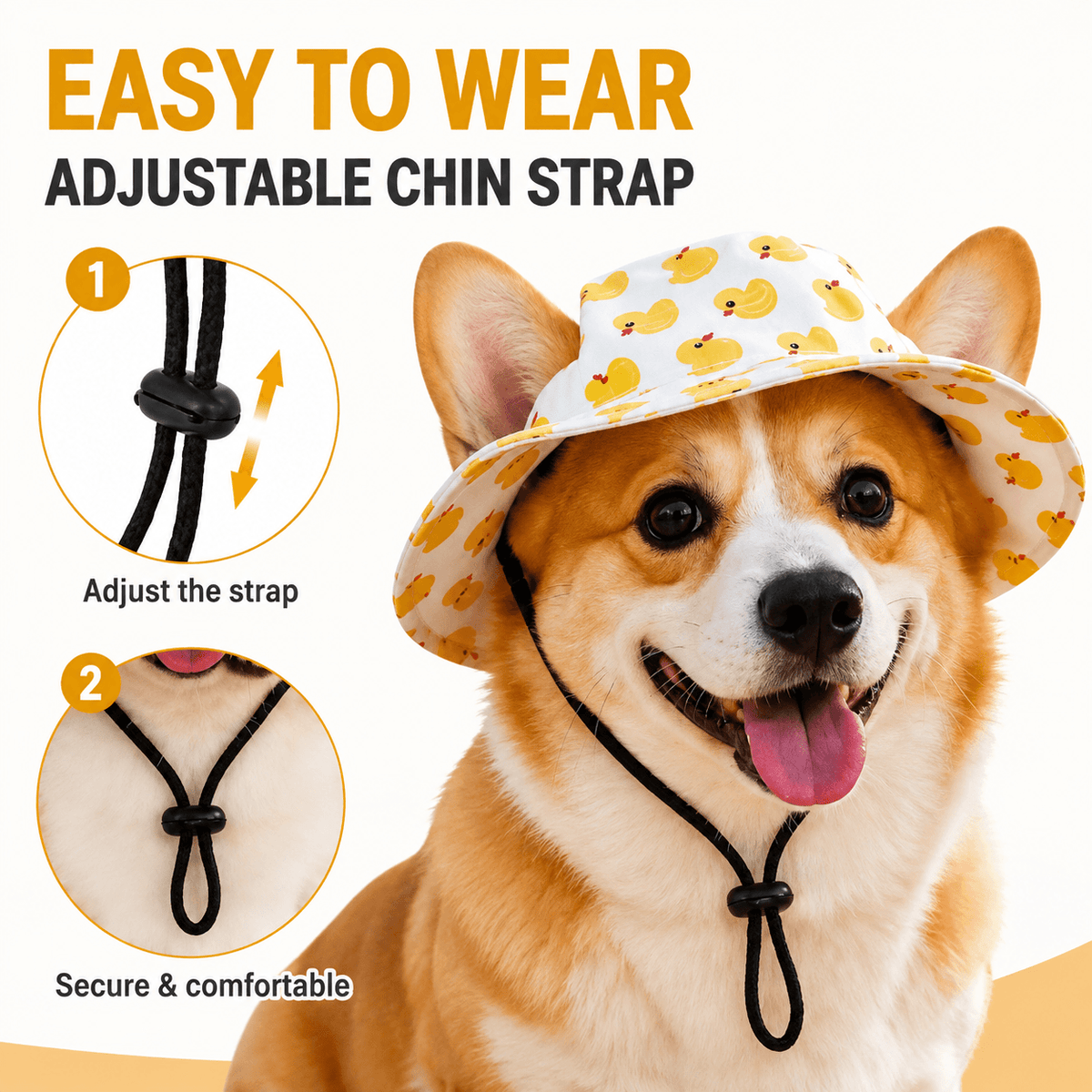 Corgi in the duck print hat beside two close-ups showing the toggle being slid along the chin cord and the cord sitting under the chin.