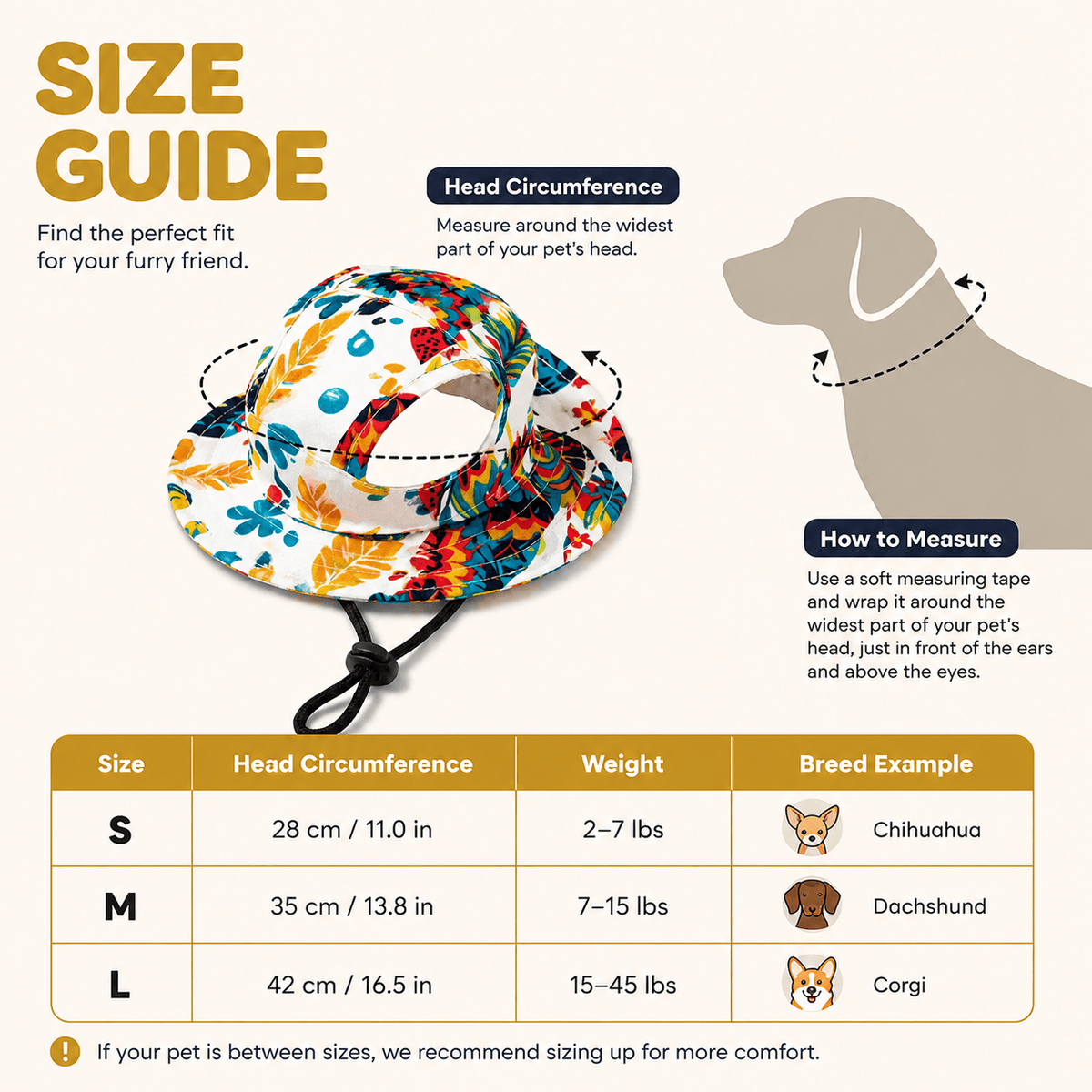 Size guide chart listing head circumference and weight ranges for the small, medium and large hats, with a diagram of where to measure.