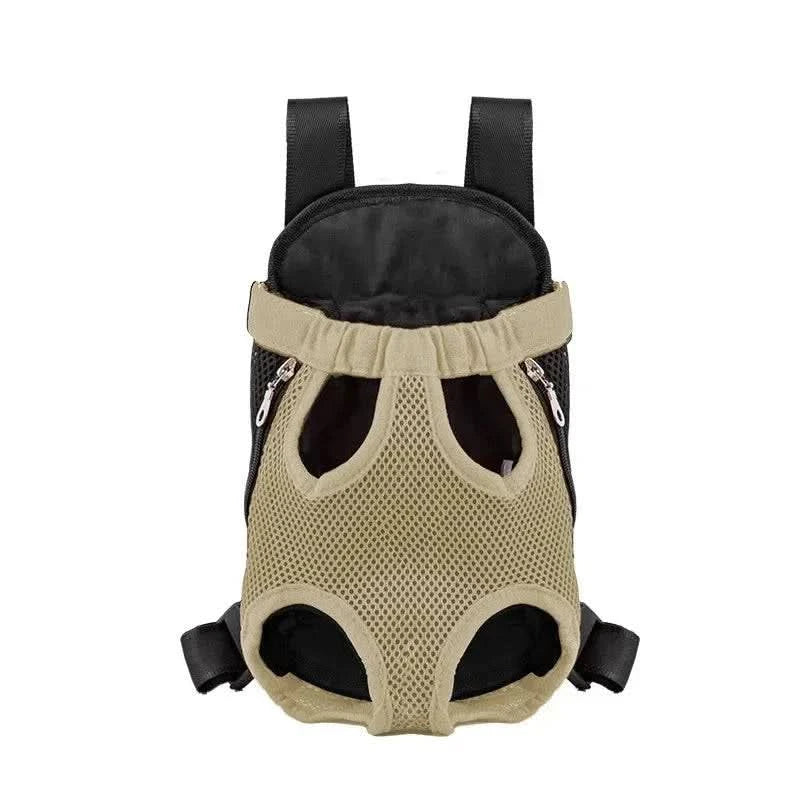 Beige mesh pet carrier backpack shown face on with its four leg openings and black padded straps.