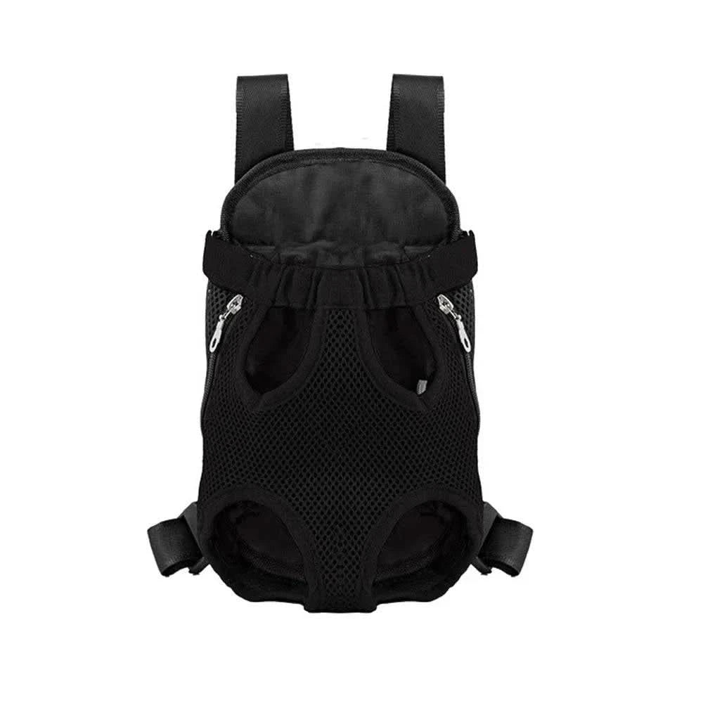 Black mesh pet carrier backpack shown face on with its four leg openings and padded straps.