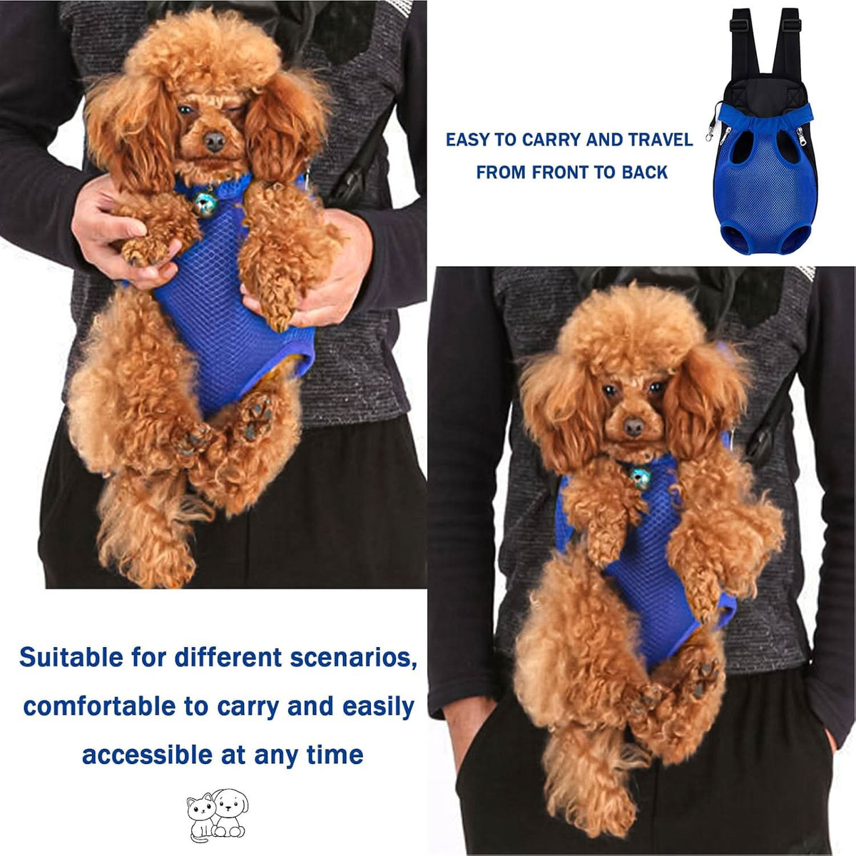 Toy poodle carried in the blue mesh carrier on the chest and on the back, labeled easy to carry and travel from front to back.