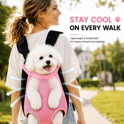 Woman walking outdoors with a Bichon riding in the pink mesh carrier on her back, labeled stay cool on every walk, lightweight and breathable.