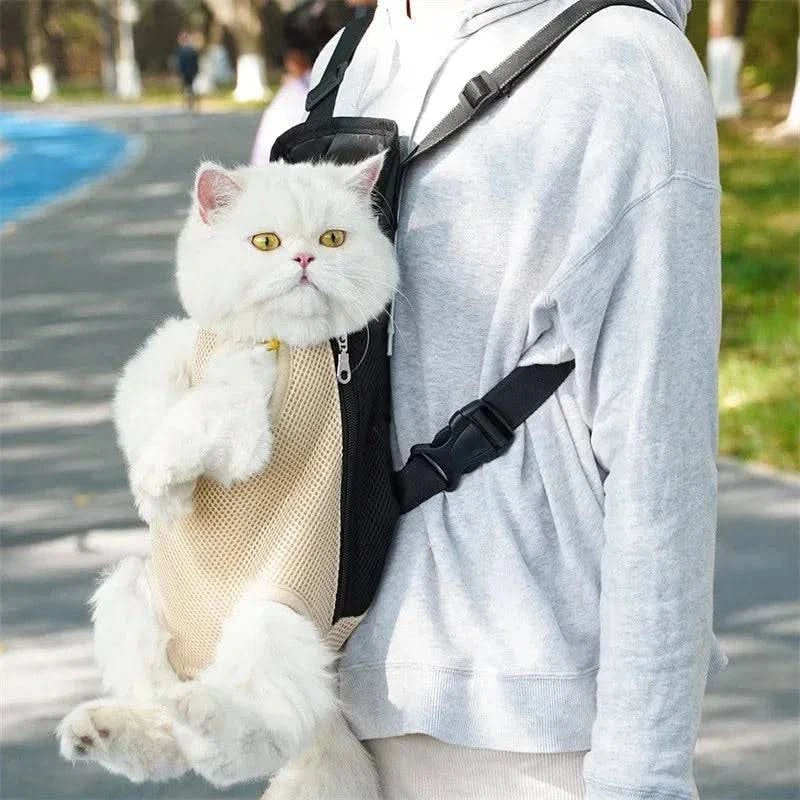 White cat carried in the black mesh carrier, seen from the side on a path.
