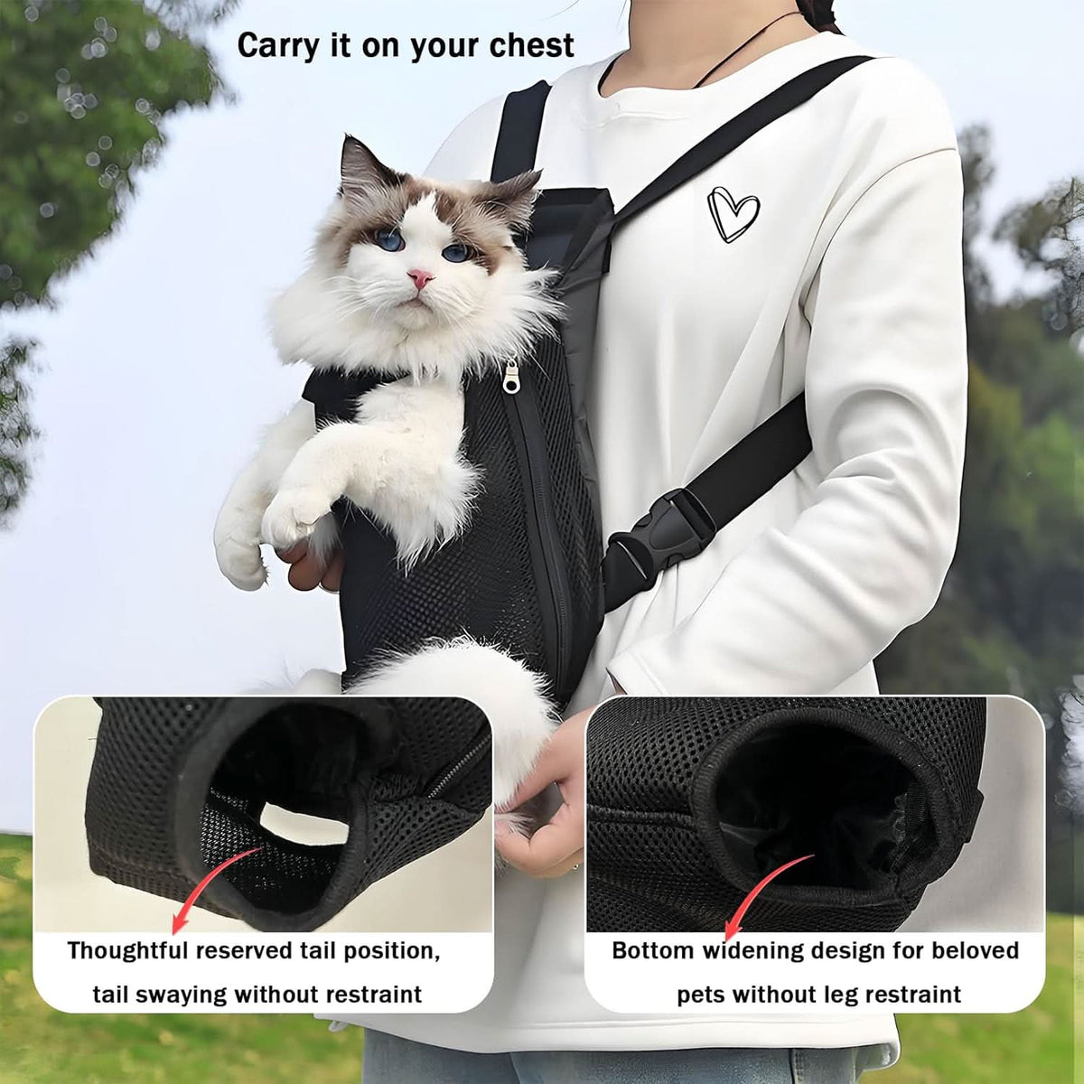 Ragdoll cat riding on the wearer's chest in the black carrier, with close-ups of the reserved tail position and the widened bottom opening.