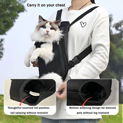 Ragdoll cat riding on the wearer's chest in the black carrier, with close-ups of the reserved tail position and the widened bottom opening.
