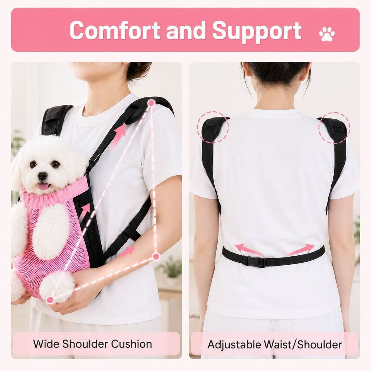 Front and back views of a wearer in the pink carrier, labeled wide shoulder cushion and adjustable waist and shoulder straps.