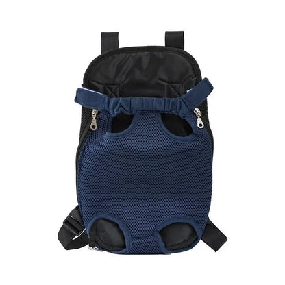 Dark blue mesh pet carrier backpack shown face on with its four leg openings and black padded straps.