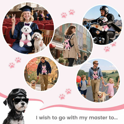 Collage of owners carrying dogs in the pink carrier at a graduation, on a city street, on an autumn walk and on a country lane.