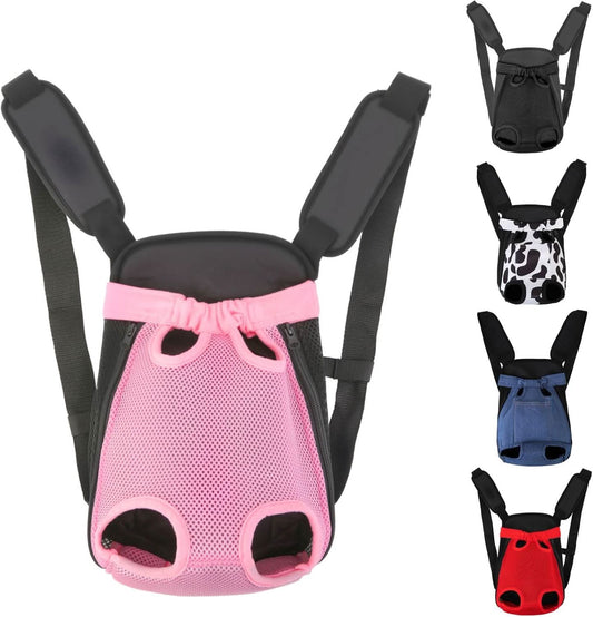 Pink mesh pet carrier backpack with padded shoulder straps and four leg openings, with further colorways shown down the right side.