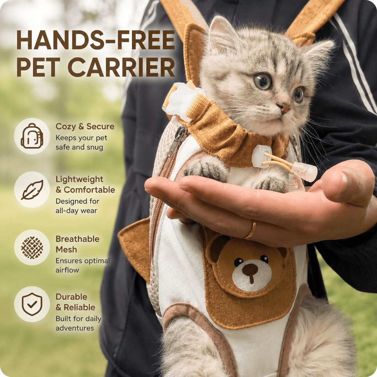 Kitten in the Noblias hands-free pet carrier backpack, labeled cozy and secure, lightweight, breathable mesh and durable.