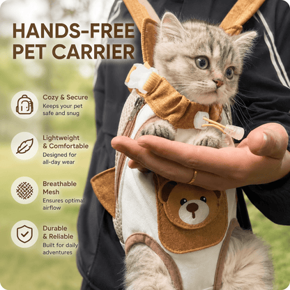 Kitten in the Noblias hands-free pet carrier backpack, labeled cozy and secure, lightweight, breathable mesh and durable.