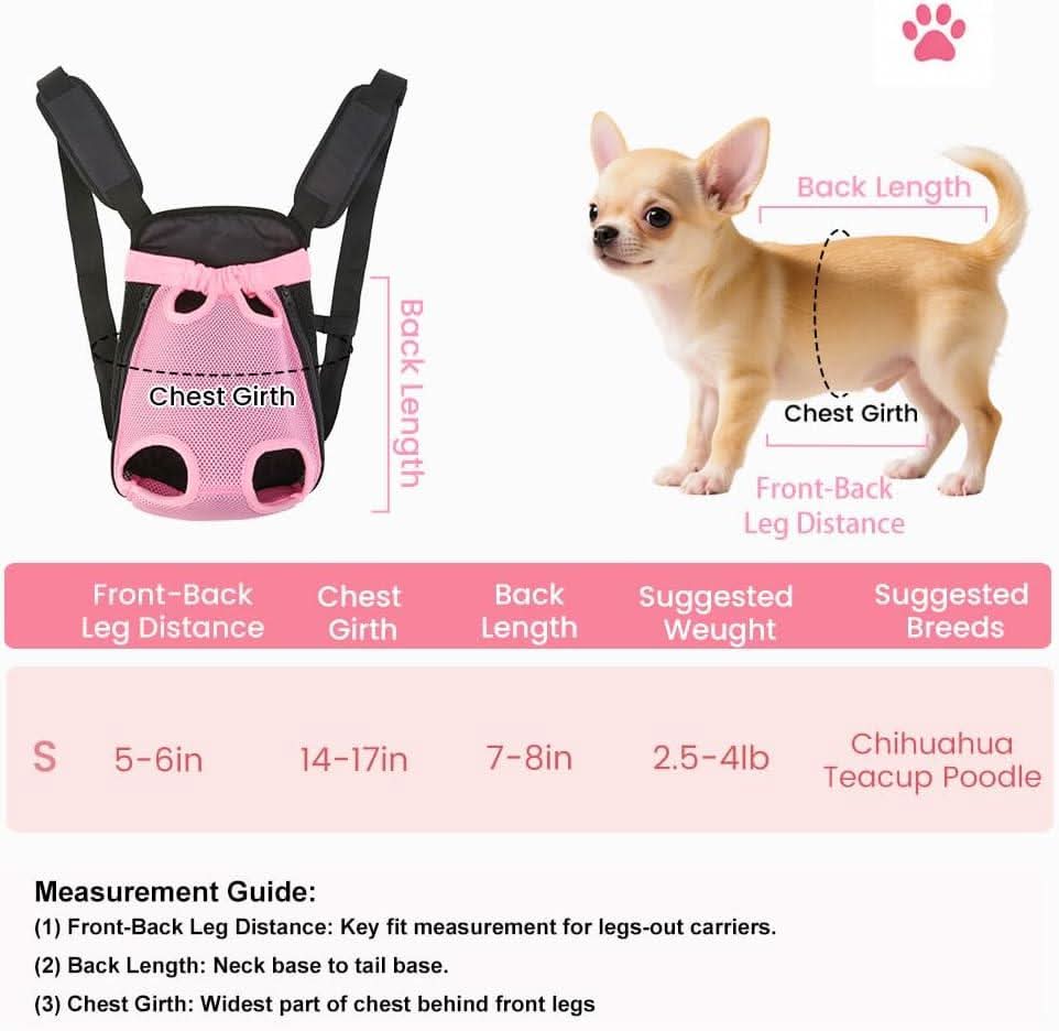 Measurement guide showing where to take front-back leg distance, chest girth and back length on a chihuahua, beside the pink carrier.