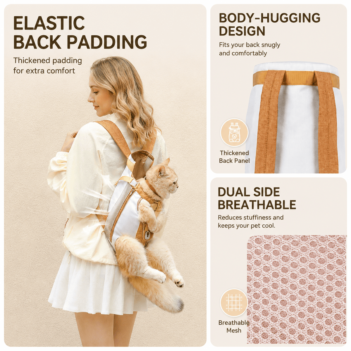 The thickened elastic back padding and body-hugging straps of the Noblias pet carrier backpack, with breathable side panels.