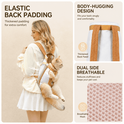 The thickened elastic back padding and body-hugging straps of the Noblias pet carrier backpack, with breathable side panels.