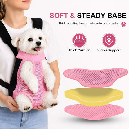 Maltese sitting in the pink carrier, with an exploded view of the padded base layers labeled thick cushion and stable support.