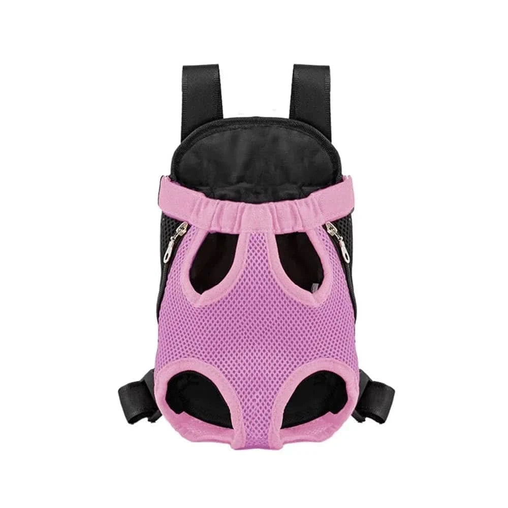 Pink mesh pet carrier backpack shown face on with its four leg openings and black padded straps.