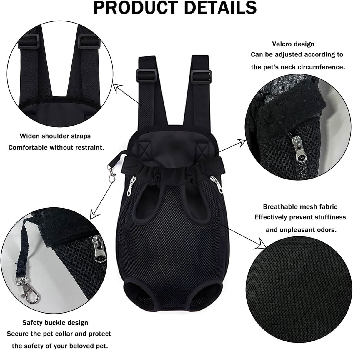 Product details panel for the black carrier covering the widened shoulder straps, the hook and loop neck adjustment, the breathable mesh fabric and the safety buckle.