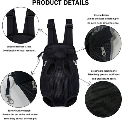 Product details panel for the black carrier covering the widened shoulder straps, the hook and loop neck adjustment, the breathable mesh fabric and the safety buckle.