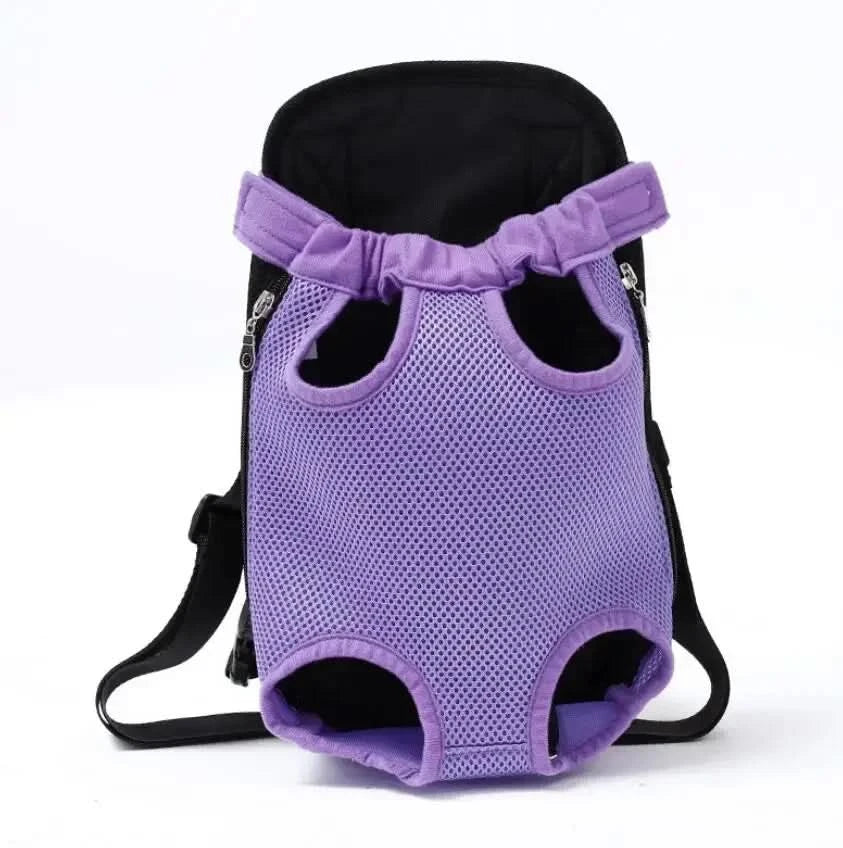 Purple mesh pet carrier backpack shown face on with its four leg openings and black padded straps.