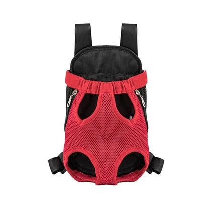 Red mesh pet carrier backpack shown face on with its four leg openings and black padded straps.