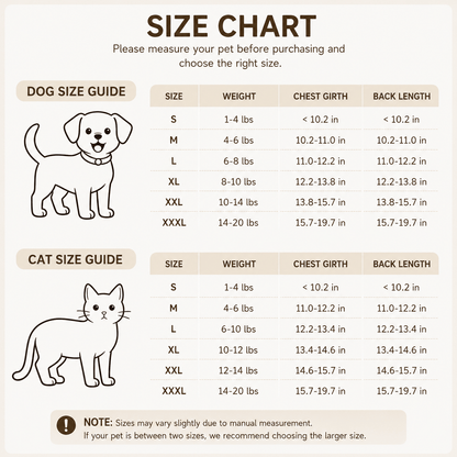 Size chart for the Noblias pet carrier backpack with separate dog and cat guides from S at 1 to 4 lbs up to XXXL at 14 to 20 lbs.