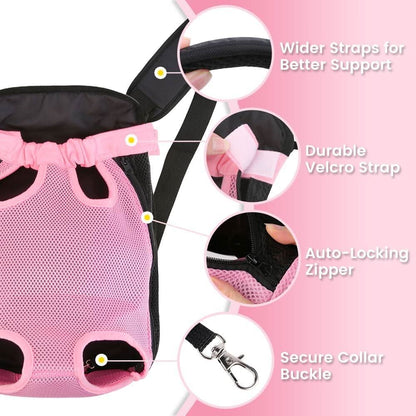 Close-ups of the pink carrier showing the wider shoulder straps, the durable hook and loop strap, the auto-locking zipper and the secure collar buckle.