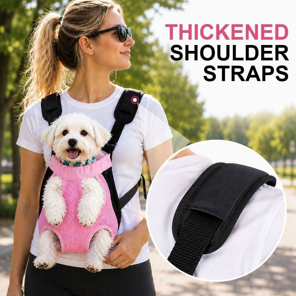 Woman walking a Bichon in the pink carrier outdoors, with a close-up of the thickened padded shoulder strap.